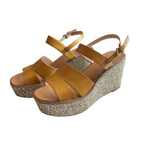 ALDO Gold Glitter Platform Wedge Sandals Ankle Strap Mustard Yellow Sz 10